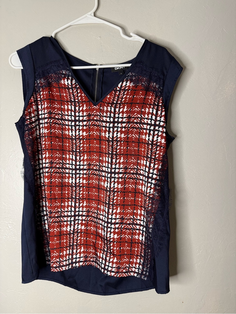 DKNY Navy and Red Plaid Sleeveless V-Neck Tank